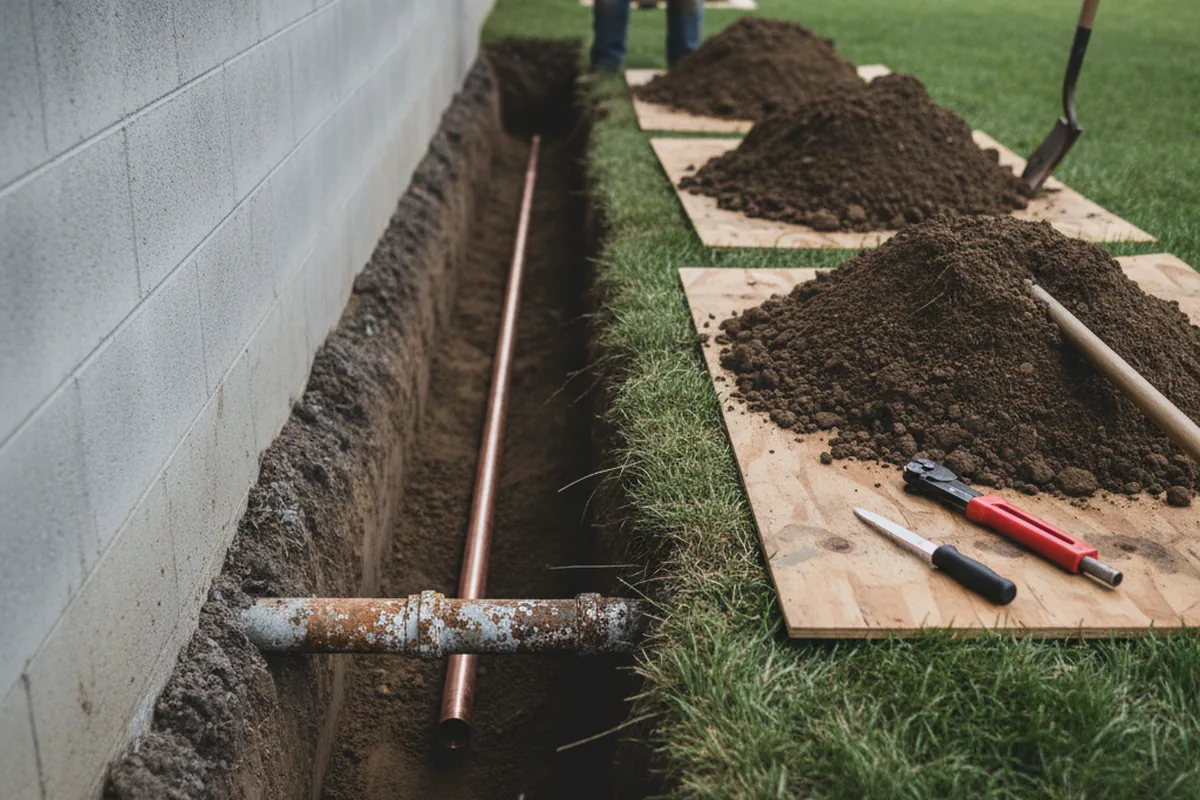 Excavated water line trench during Water Softener Installation in March Air Reserve Base